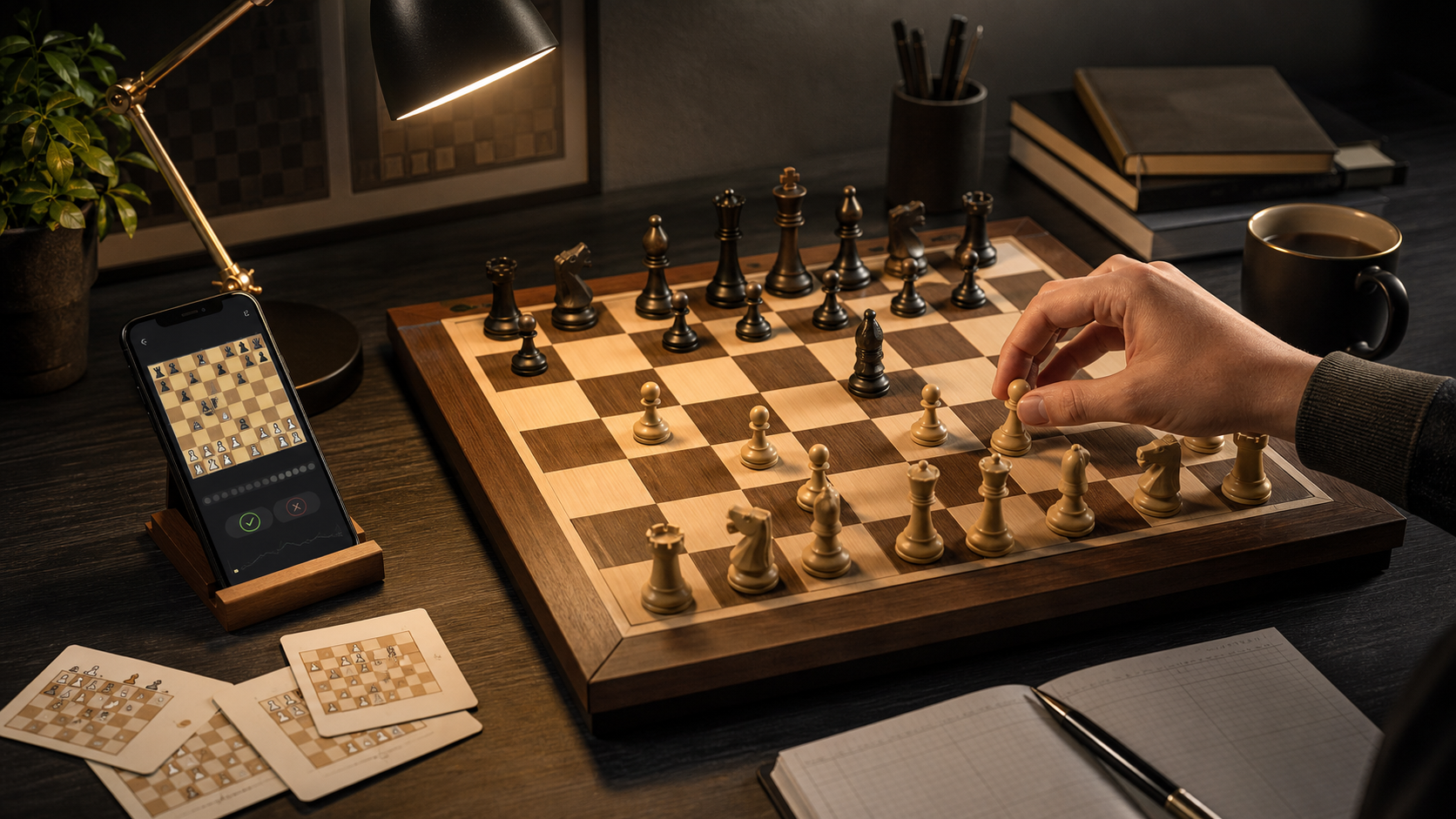 Chess opening study desk with board-based active recall practice