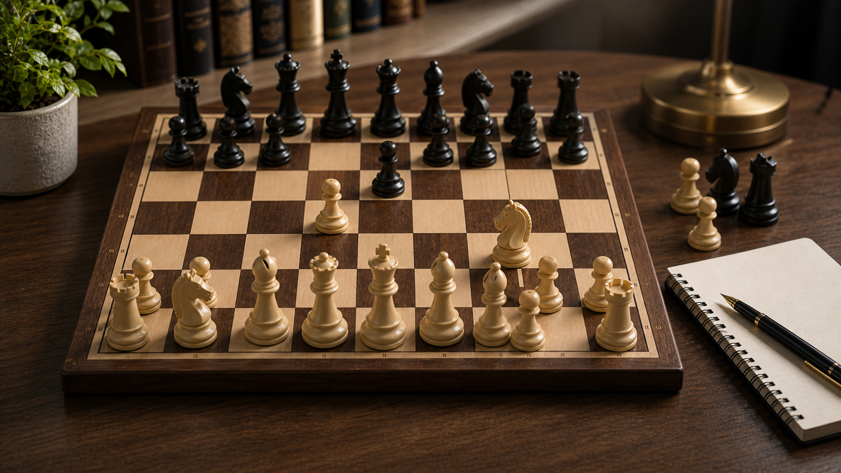 Beginner chess opening study desk with a clean board and notebook
