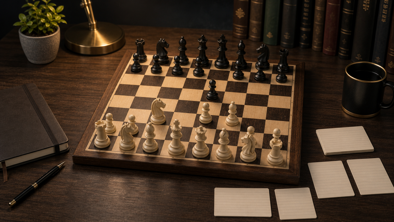 Organized chess opening repertoire study desk with a board, notebook, and index cards