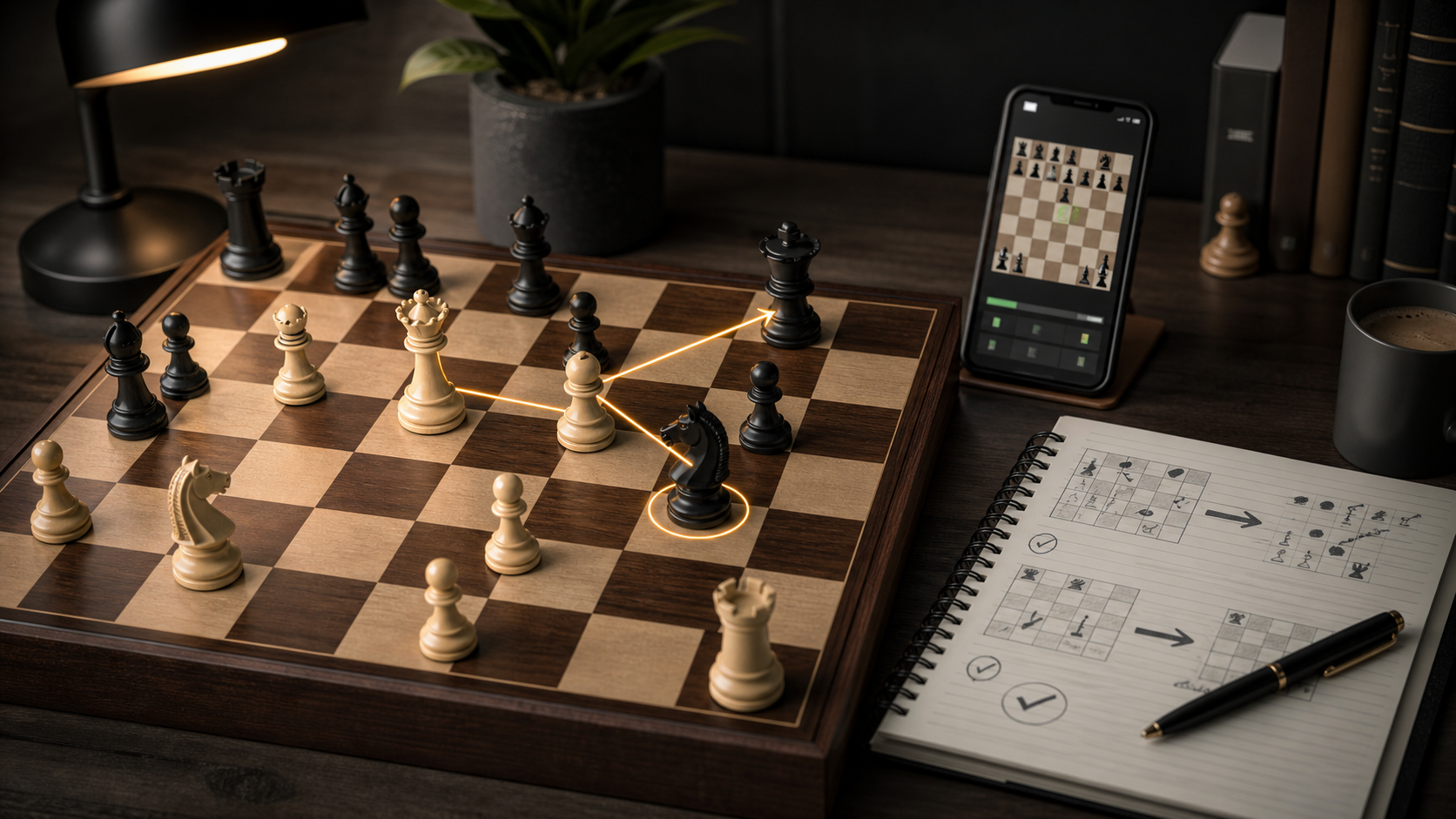 Chessboard study setup showing a tactical opening trap review