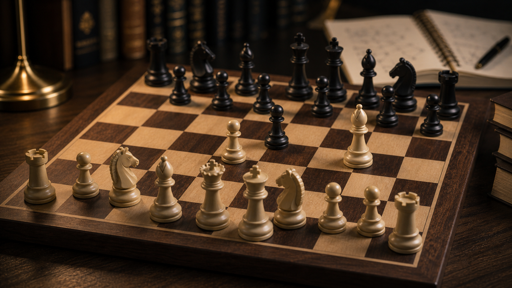 Italian Game chess position on a wooden board in a classical study setting