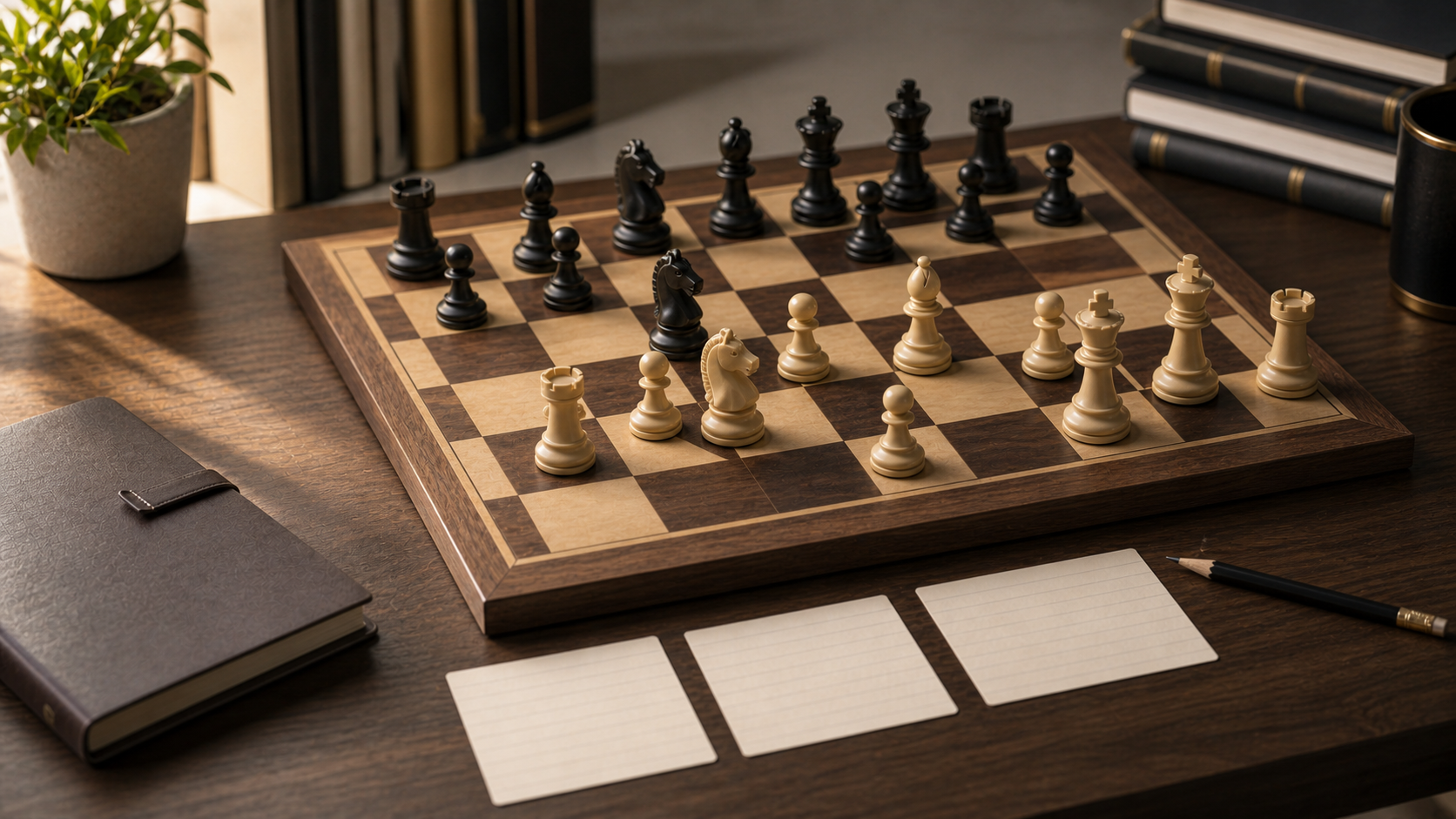 Clean chess study setup with a board, pencil, and review cards for efficient opening practice