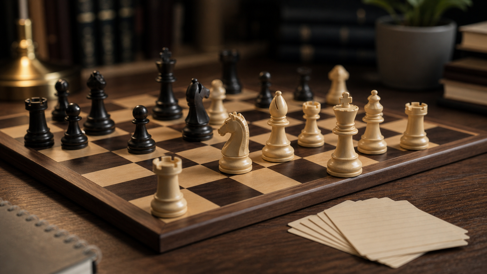 Chessboard study setup with review cards for spaced repetition practice