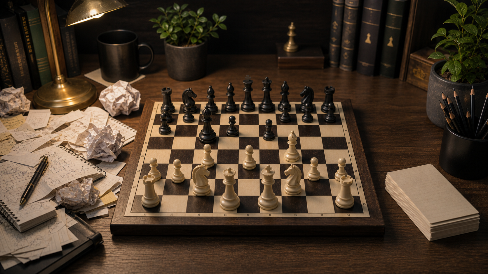 Contrasting chess study desk with scattered notes and organized review cards