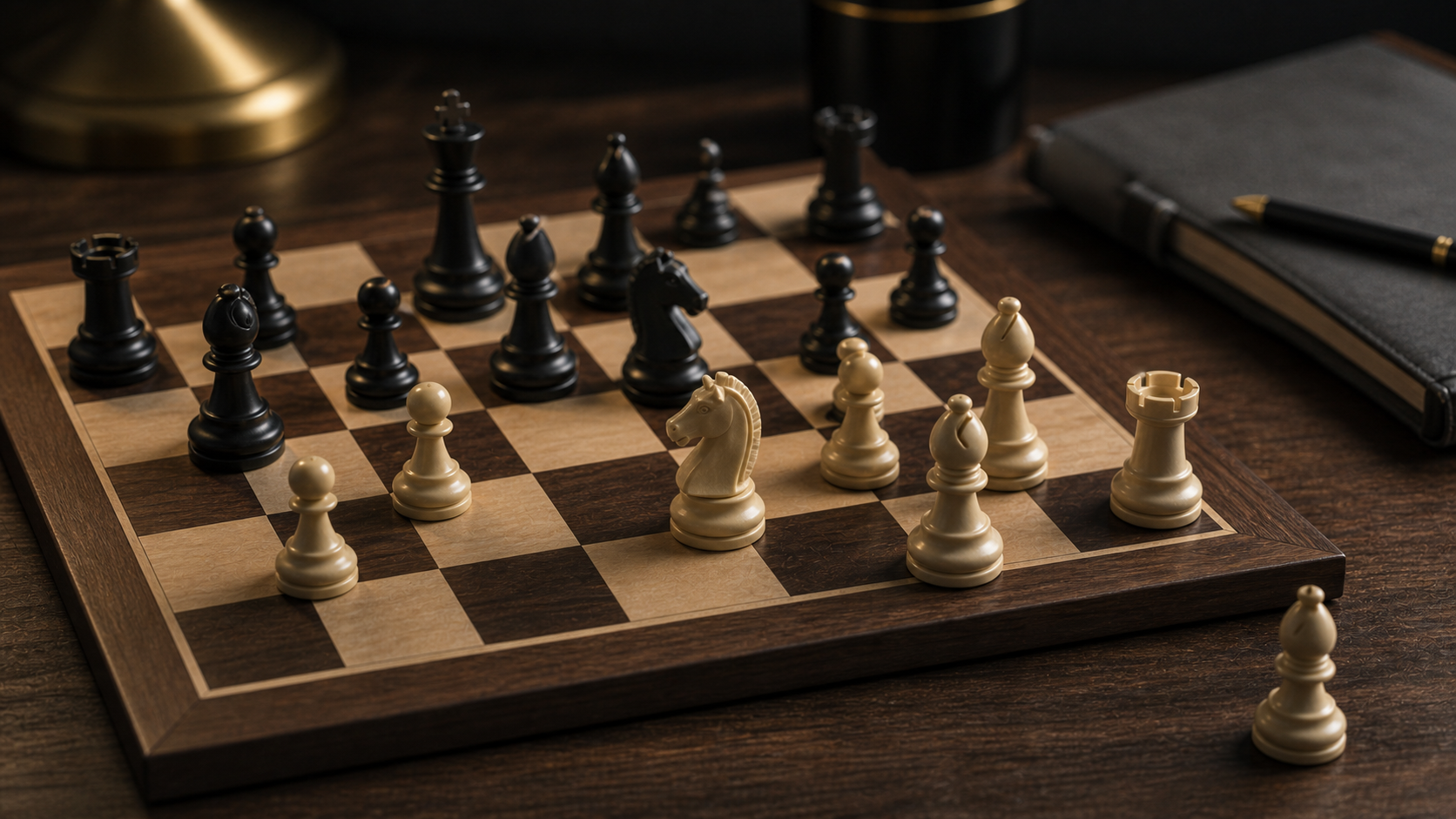 Quiet chess study desk showing a board position and notes after opening practice